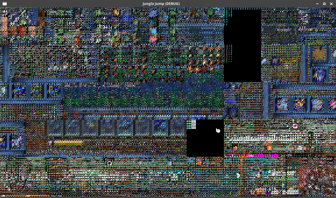 A corrupted debug of a godot game window. We can recognize some garbled cookie clicker icon, I guess because I'm running cookie clicked in the background?