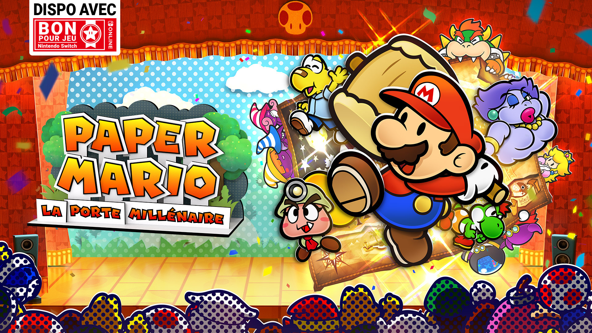 Paper mario and the thousand years  door. It shows the battle stage with a massive chibi mario, a mix of allies and viains plus a diverse crowd facing towards the stage