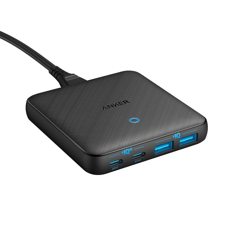 An Anker 543 charger, with 2 USB C port able to output 20W plus 2 USB A port sharing 15W of output