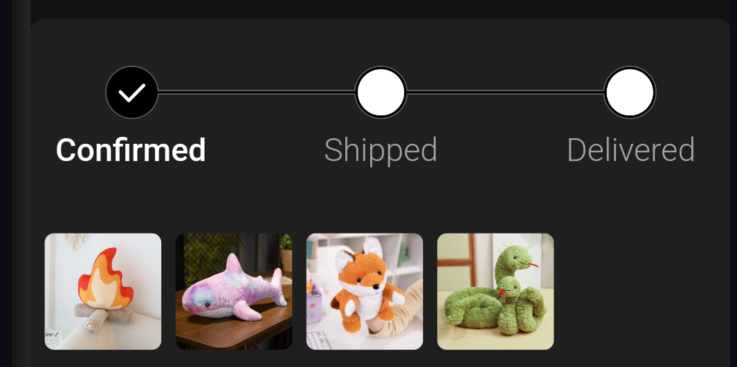 An order with 4 plushie, a wood fire, a pastel blahaj, a fox hand muppet, a green snake