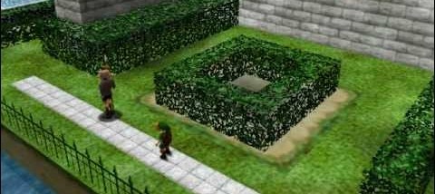 A screencapture of the legend of zelda: ocarina of time cropped to remove UI. It shows the royal garden of hyrule's castle, made of tiled path, grass, edge and tall stone wall. A guard is doing a round and link as a kid is standing behind him