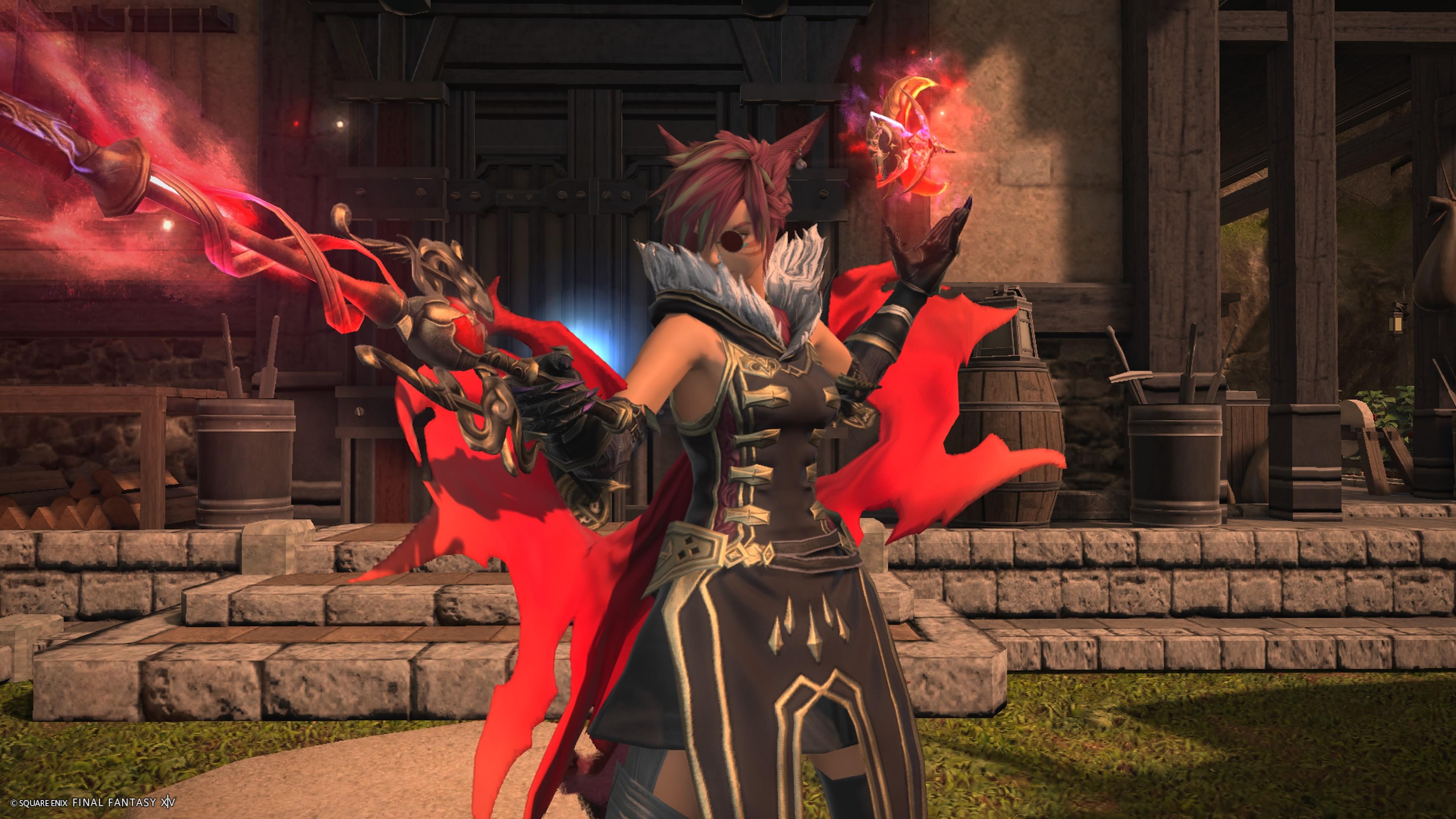 A miquo'te in haloween / red mage garb in front of a forge entrance