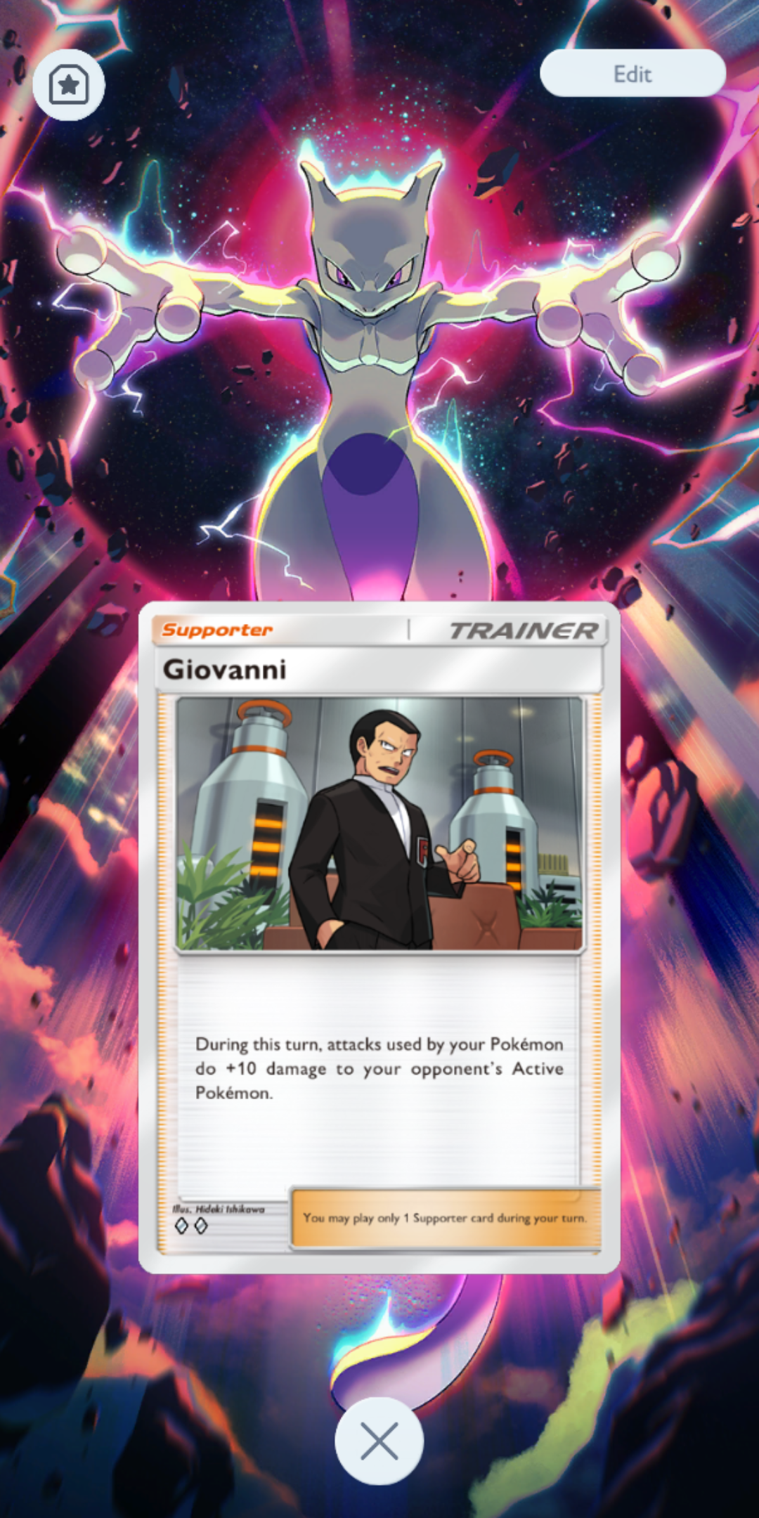 A display board for pokemon tcg pocket. In the background is floating mewtwo with a massive black and purple ball. In the front is giovanni supporter card. He have a concerned look