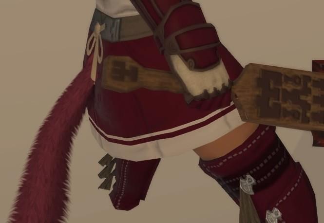 A final fantasy XIV miquo'te showing mostly her skirt, part of her leather tigh high boots, metal gauntlet and macuahuitl. Clothing are red with white accent, weapon is wood with red shard. The miquo'te tail is passing through a hole in the backside of the skirt