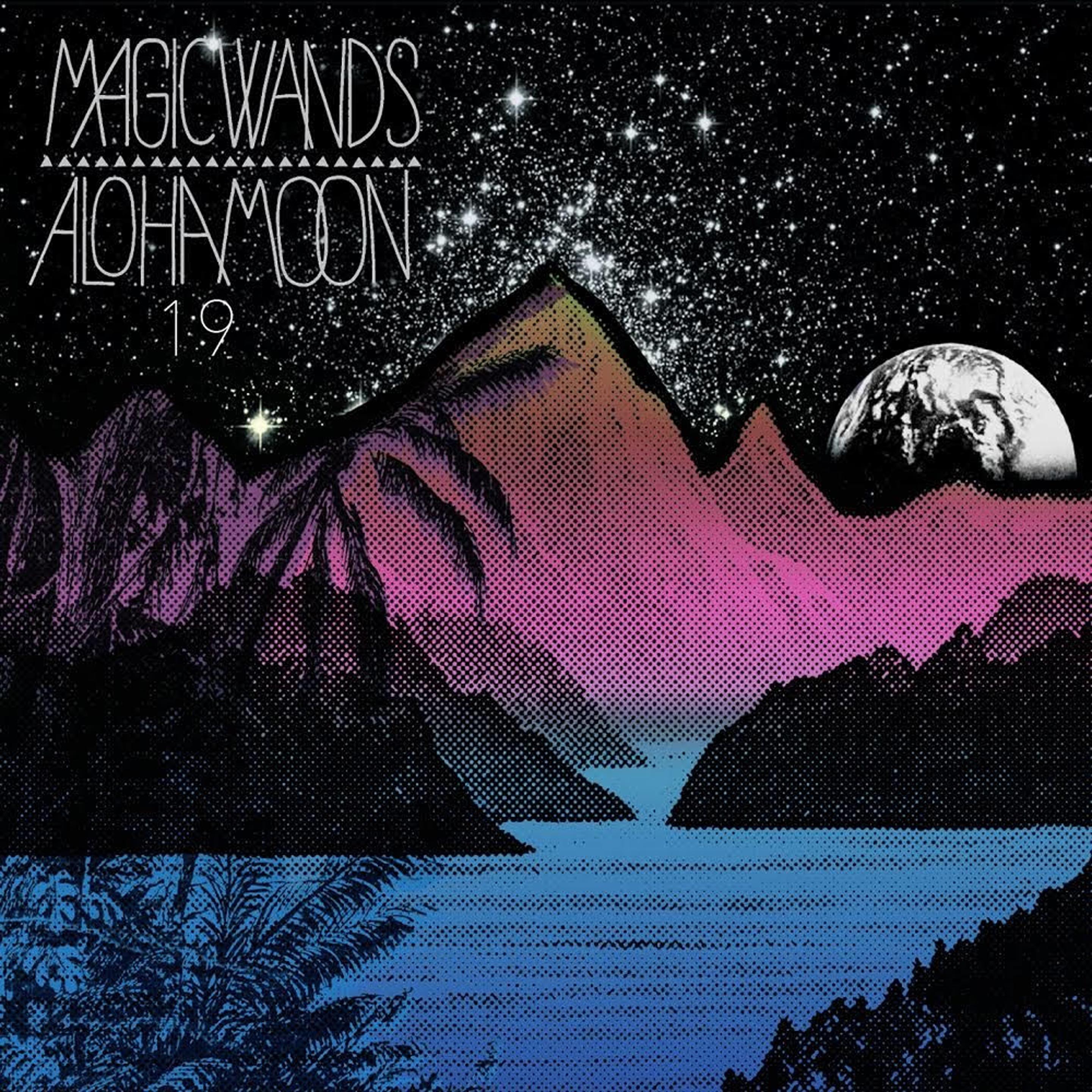 Aloha Moon 19 by Magic Wands. Cover display a stylized lake in front of a mountain and night sky. The lake is blue witg black island and palm tree, the mountaib is purple with a yellowish top, the sky is black  with a lot of white dot representing star 

