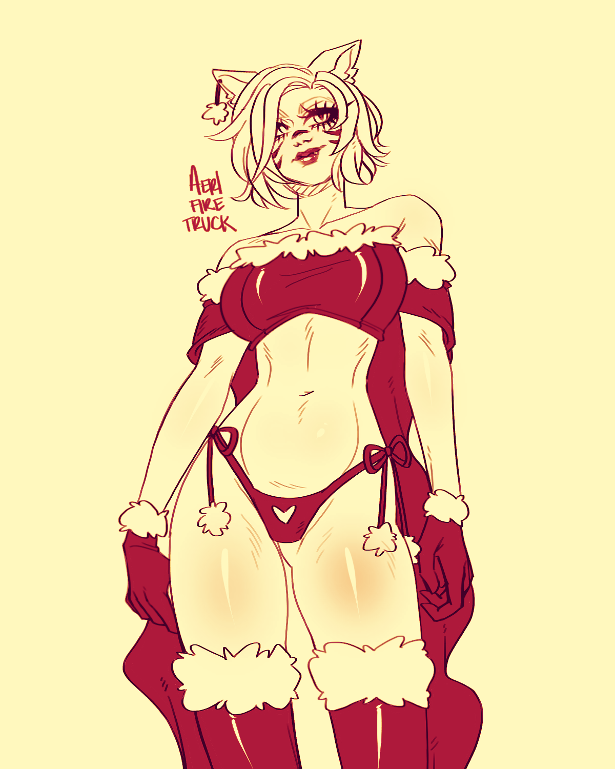 K'biwali Hena, a miquo'te from FFXIV, in a skimpy red outfit with white fur. The commission is a digital sketch using red color on a cream background. Artist is aerifiretruck