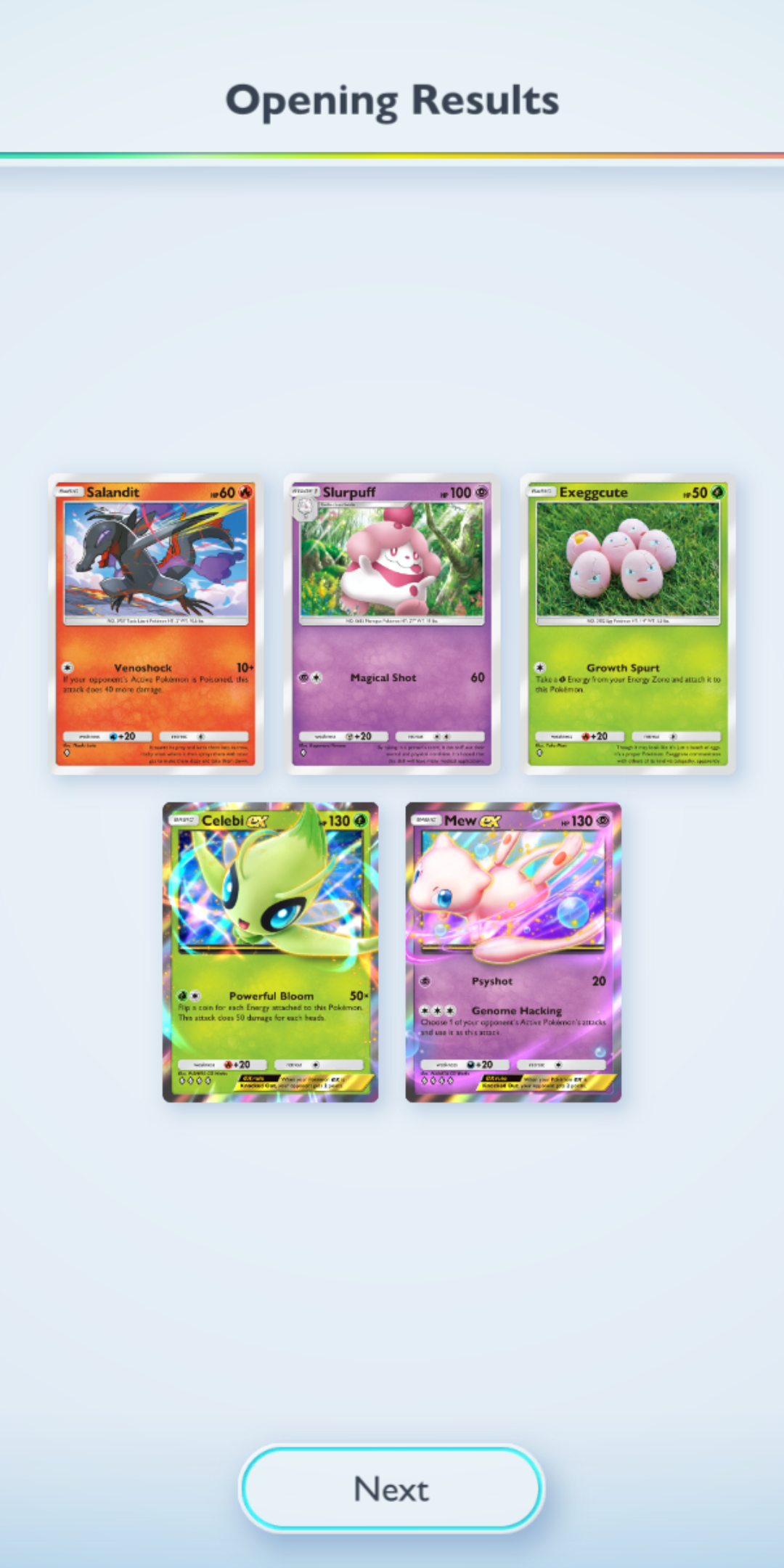 A pokemon TCG pocket booster with a salandit, a slurpuff, an exeggcute, a celebi ex and a mew ex. No new card.