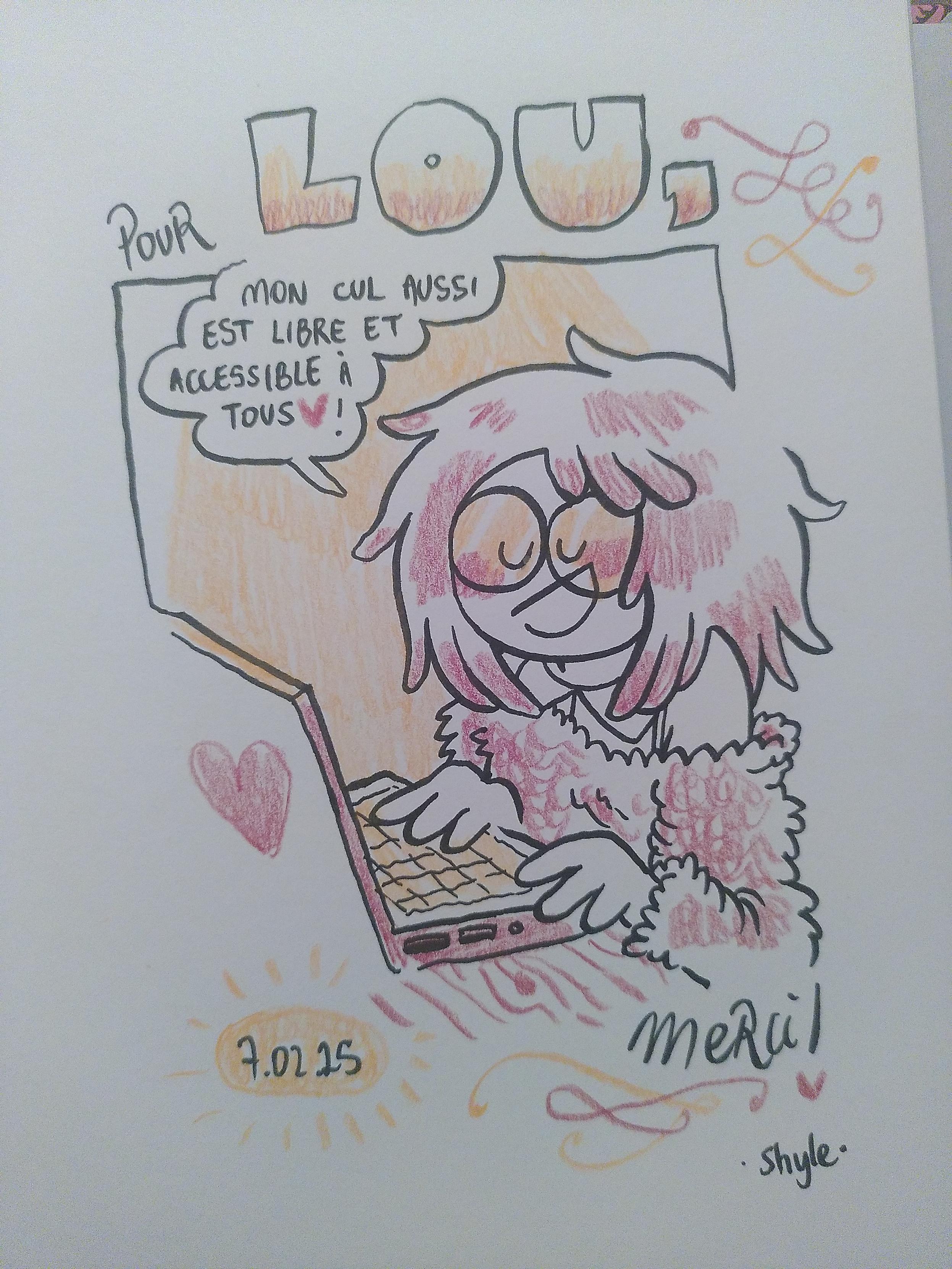 Auto-portrait(?) of the author typing on a laptop, with a speech bubble where she compares her ass to open-source software
