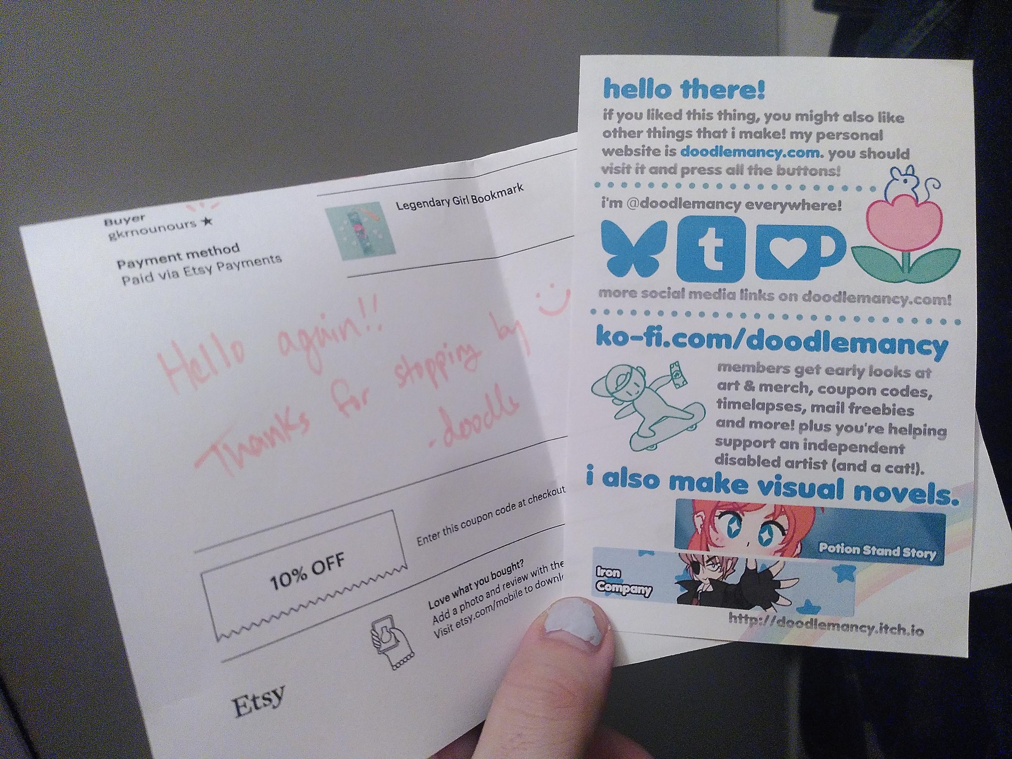 Flyer and thank you note from doodlemancy <3 I did hide the returner code, there is a better one for supporter on her kofi page anyway