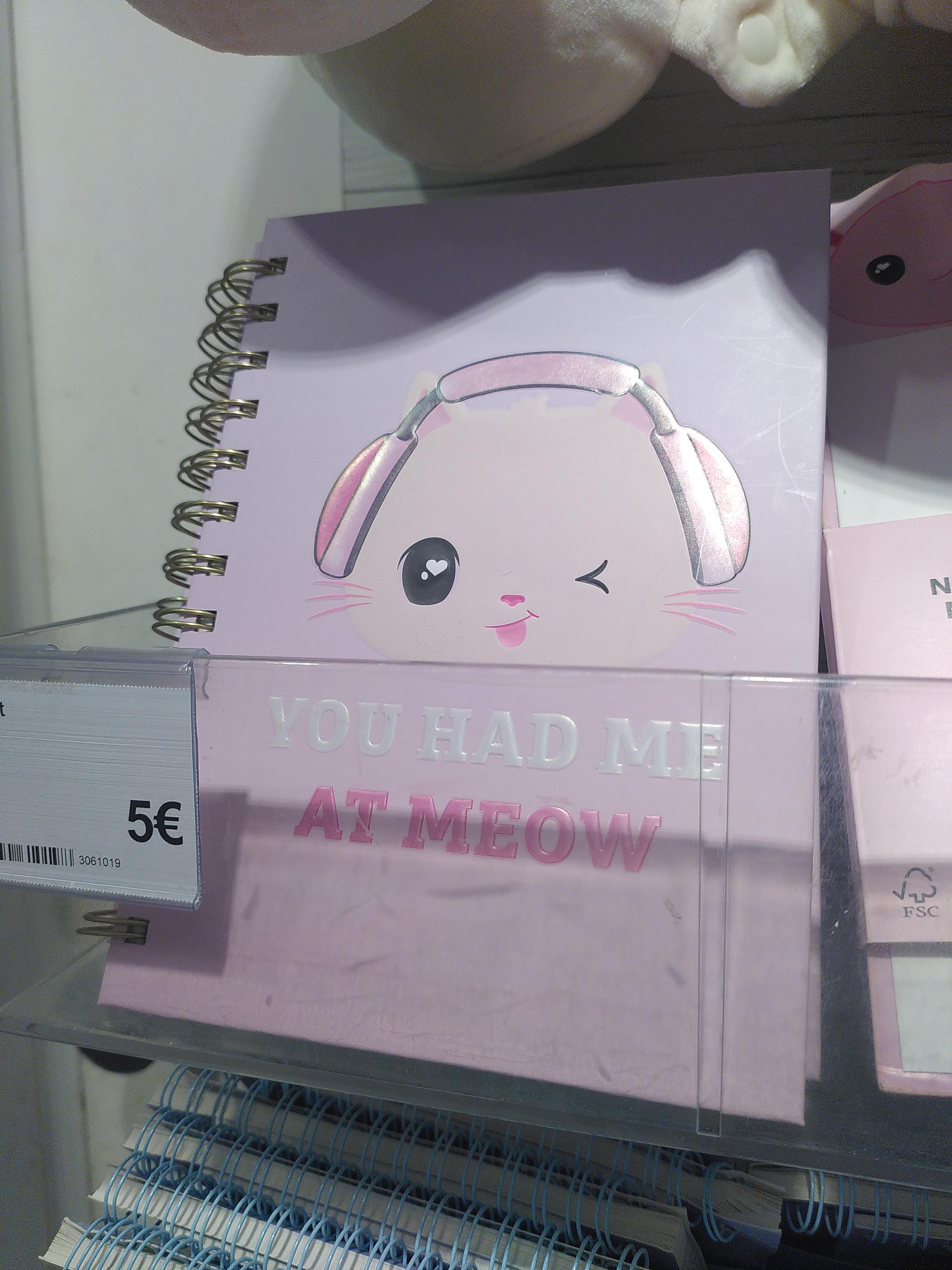 A notebook with a cat illustration and the text 