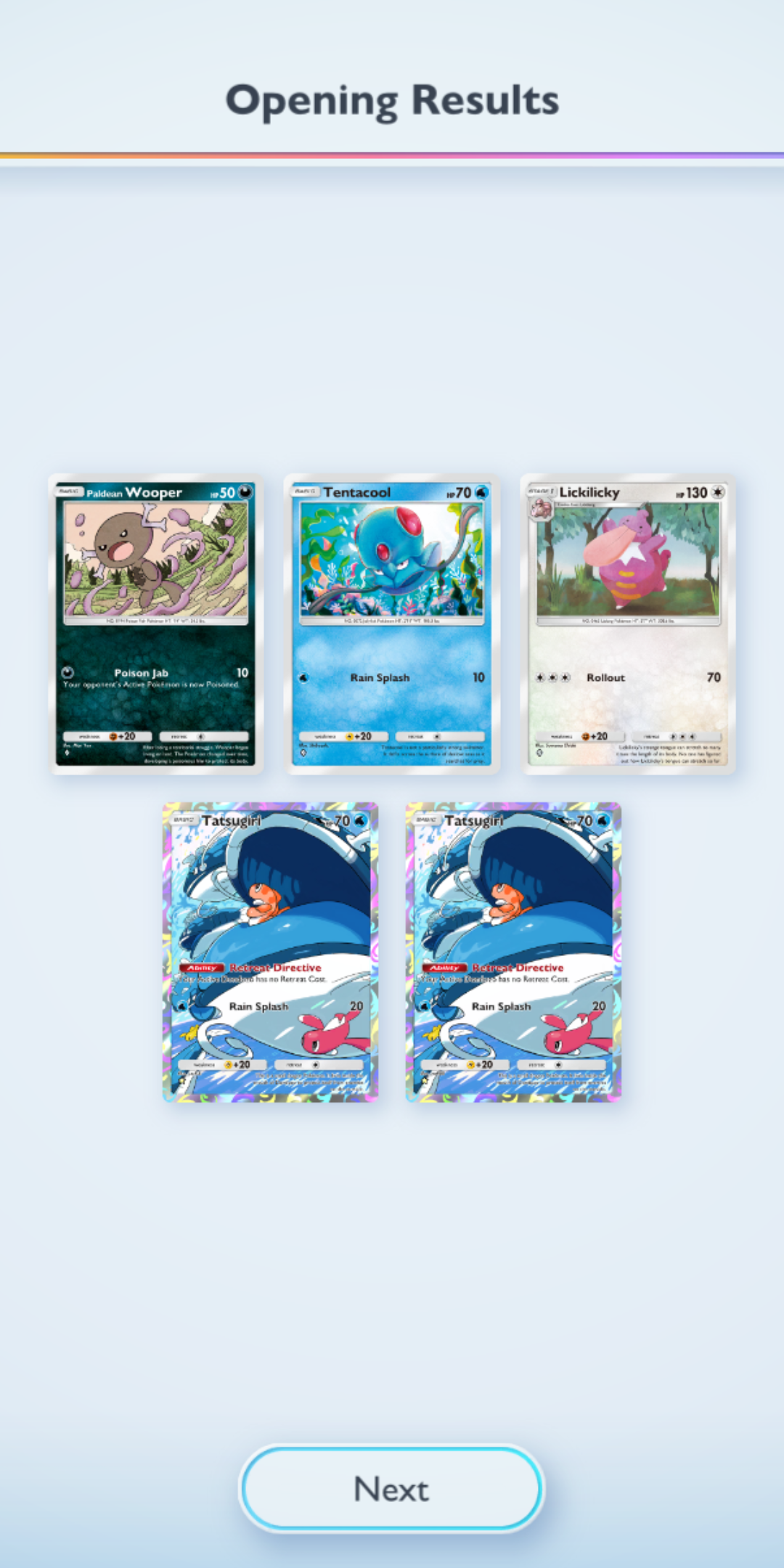 A pokemon tcg pocket booster where the last two cards are both alternate art of tatsuguri
