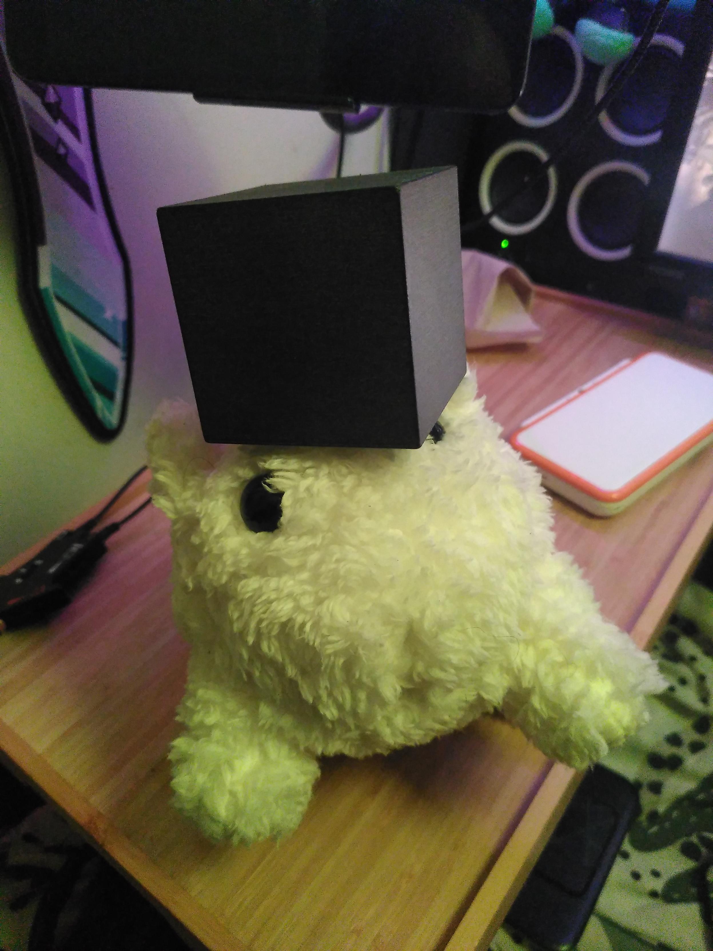 A baba plushie from baba is you. On its head is a 75mm cube made of 3D printed PLA using a process similar to SLS.