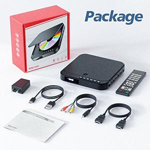 photo of all item shipped with a small dvd player. It include a cheap looking red cardbox with a picture of the player on top, a sleek looking black dvd player barely larger than a disc, a remote controller, a wall powet adapter, an usb cord, an RCA cable, an HDMI cable and an instruction manual