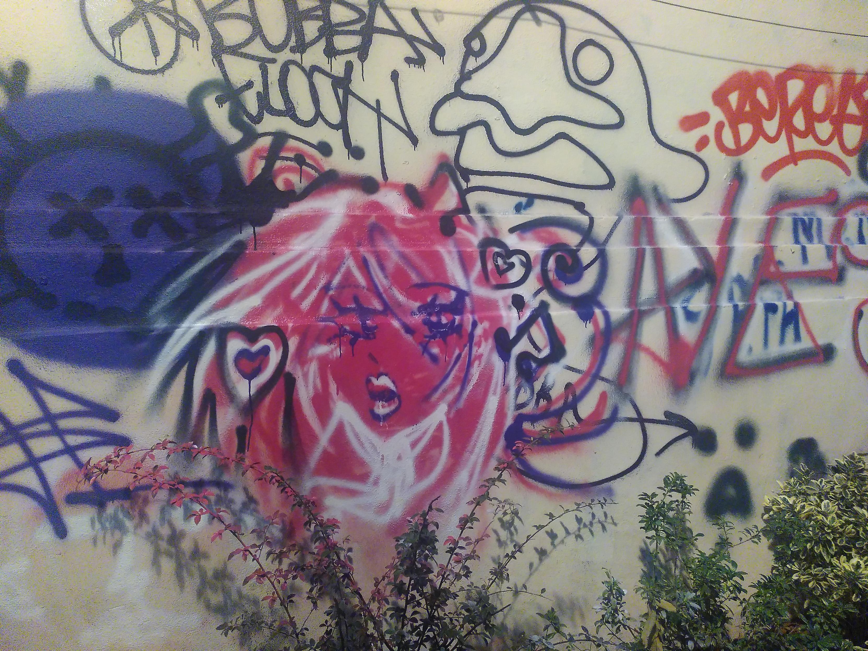 drawing of a female head with purple, hot pink and white spraypaint on a offwhite wall. There are numerous other tags and artworks around and some green plant at the bottom of the wall
