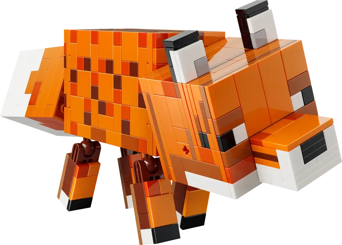 photorealistic 3D render on transparent background of a minecraft fox made of lego. According to lego.com it's 24cm long, 12cm high and made of 497 pieces. The legs, tails and heads are mounted on ball join allowing two degree of freedom.