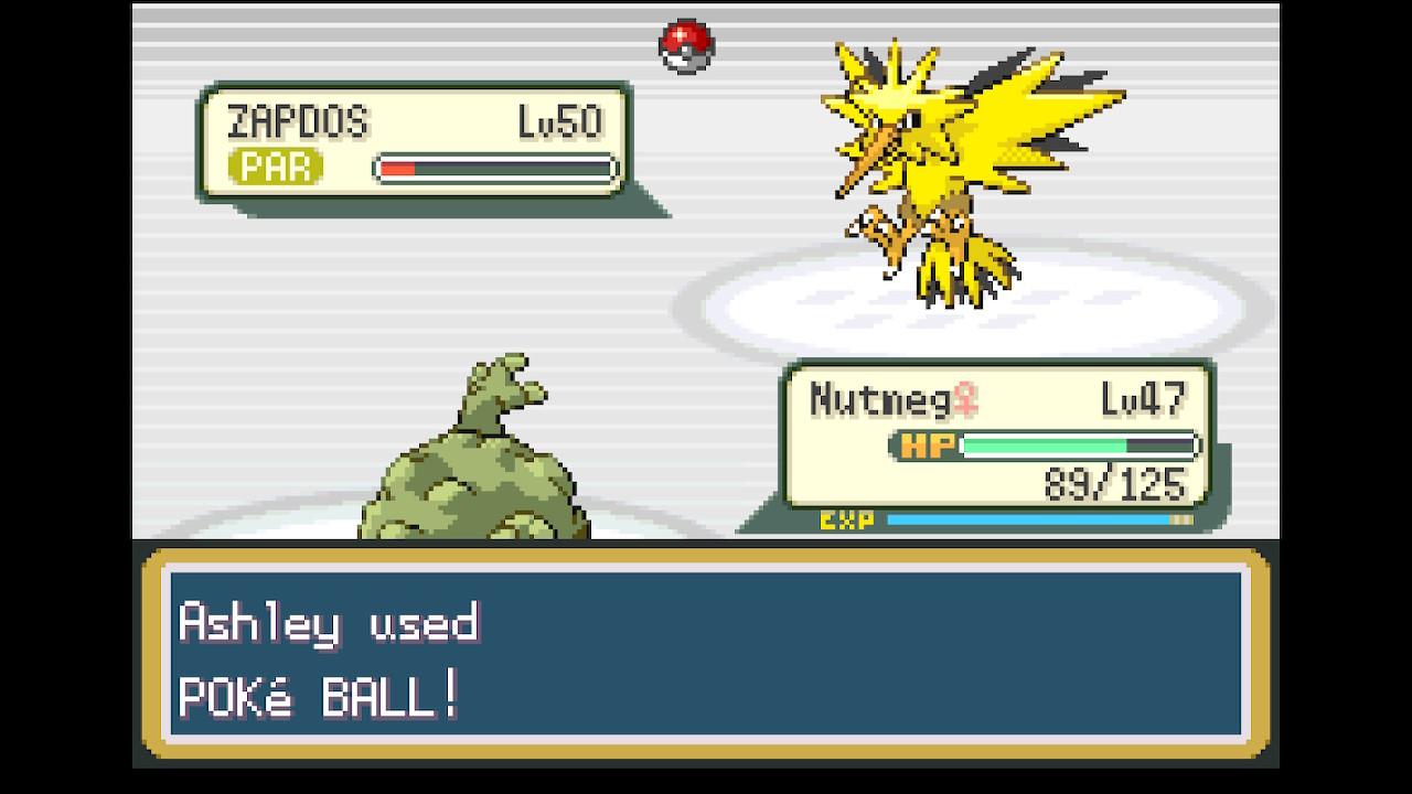 Screencapture of pokemon green leaf on nintendo switch. A level 47 graveler named Nutmeg is facing level 50 zaptos. Nutmeg has 89/125 HP while zapdos is paralyzed and have HP in the red. A pokeball is flying toward zapdos.