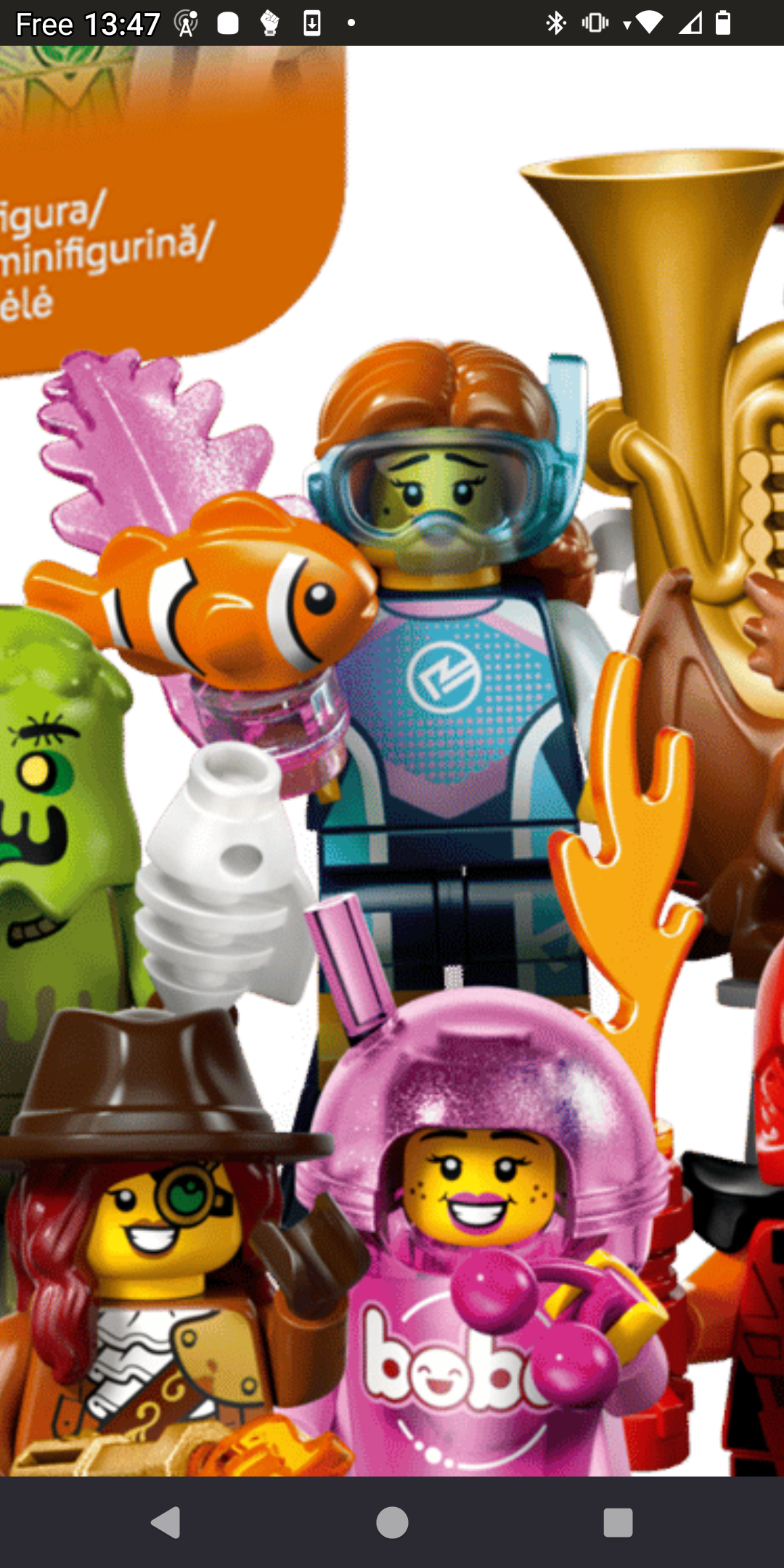Screen cap of a marinr biilogist lego minifigurine, surrounded by a tuba, a trash monster, a flame from a bionicle cosplay, a woman victorian monster hunter and a woman in a boba tea cosplay.
The marine biologist is wearing a wetsuit with blue motif, pink accent and white trimming, hold a pink glittery translucent plant and a clownfish