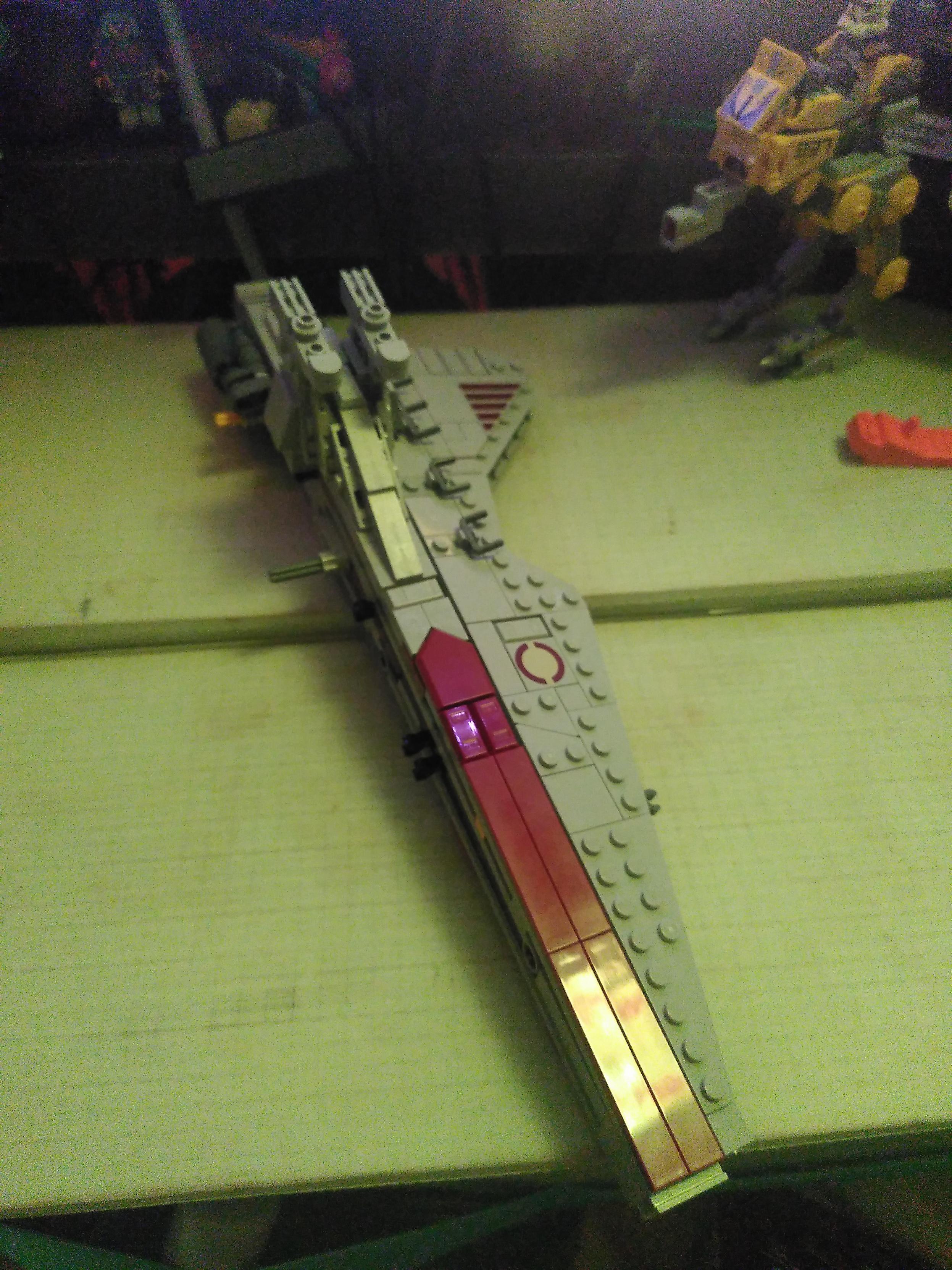 Photo of a lego venator from the front. It's kinda obvious half is missing