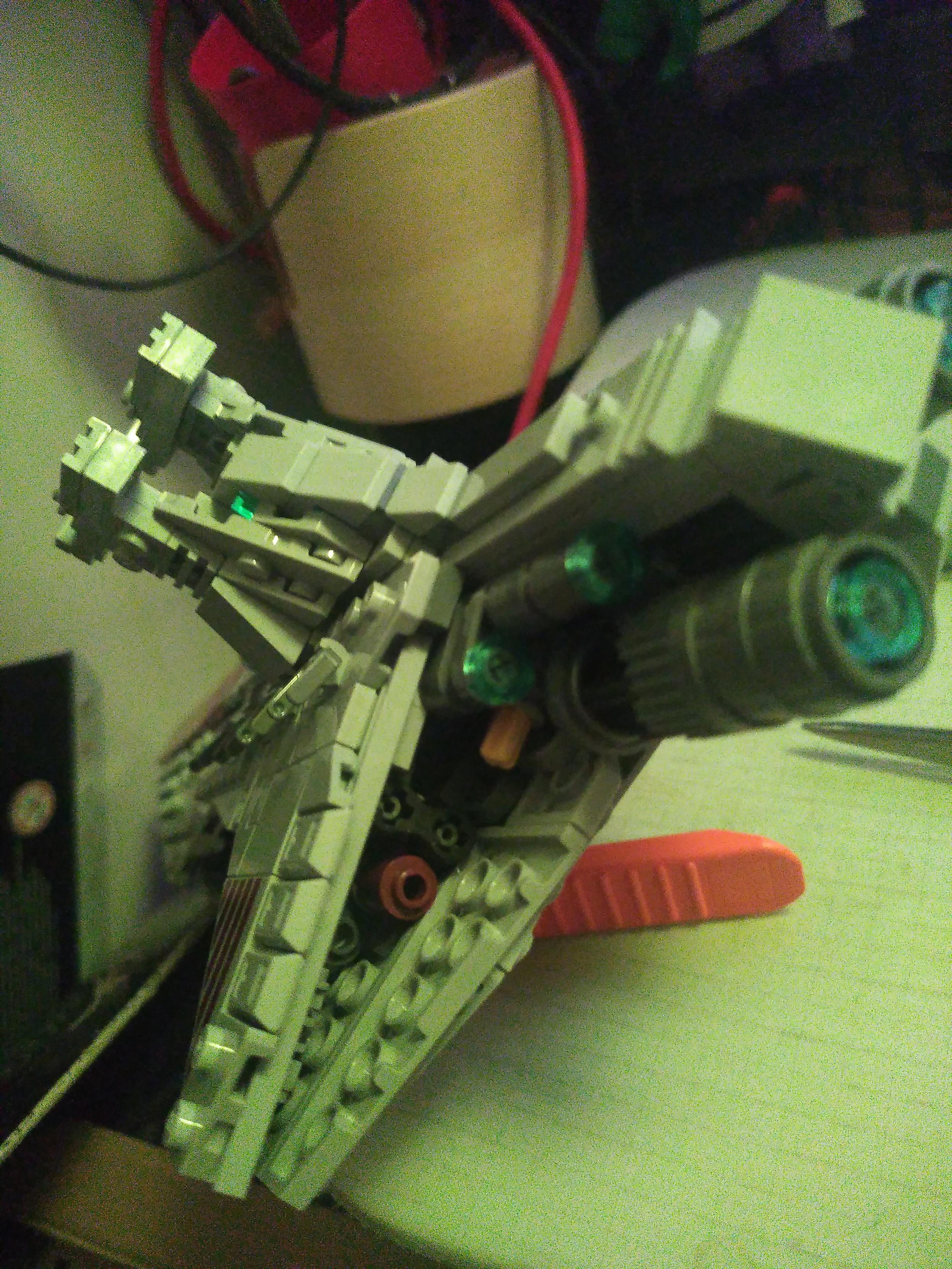 Photo of a half-finished lego venator, showing part of the guts