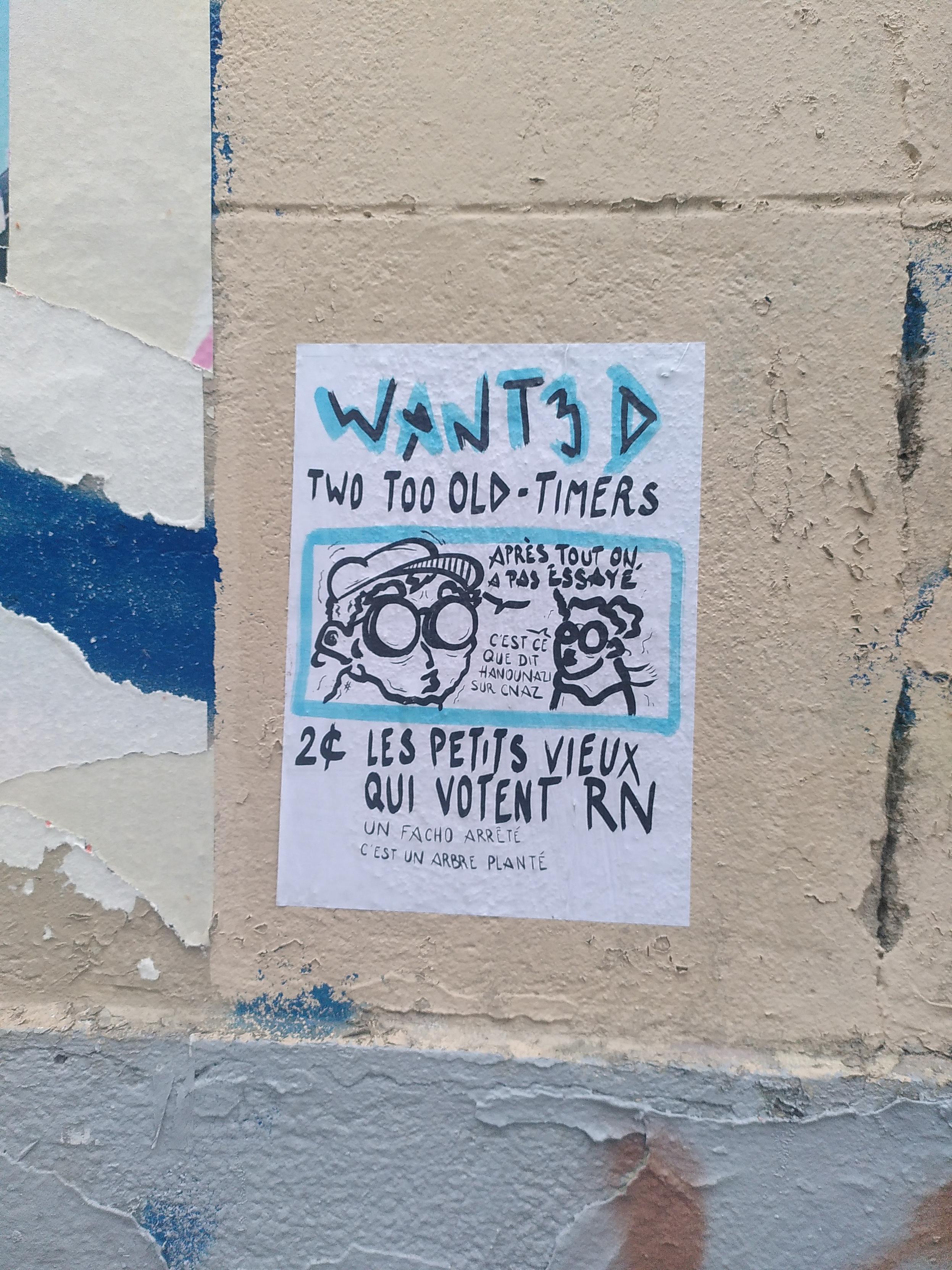 Photo of a poster glued to a wall in paris. It's a humouristic wanted poster drawn with black sharpy and some light blue highlight (shadow for wanted and border for the picture). The text is a mix of french and english, with wanted stylized as 