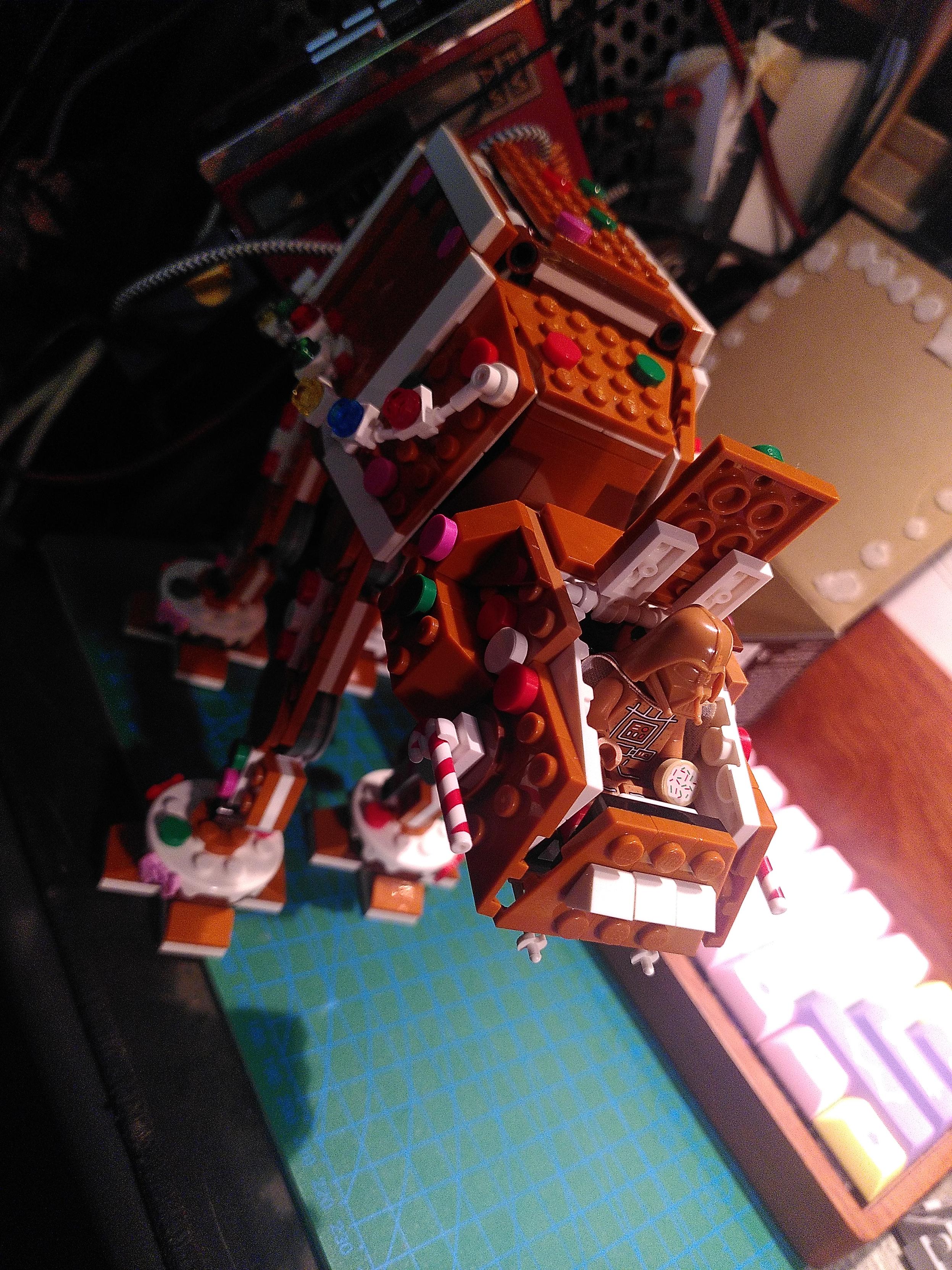 Photo of a lego gingerbread AT-AT with darth vader sitting in the head
