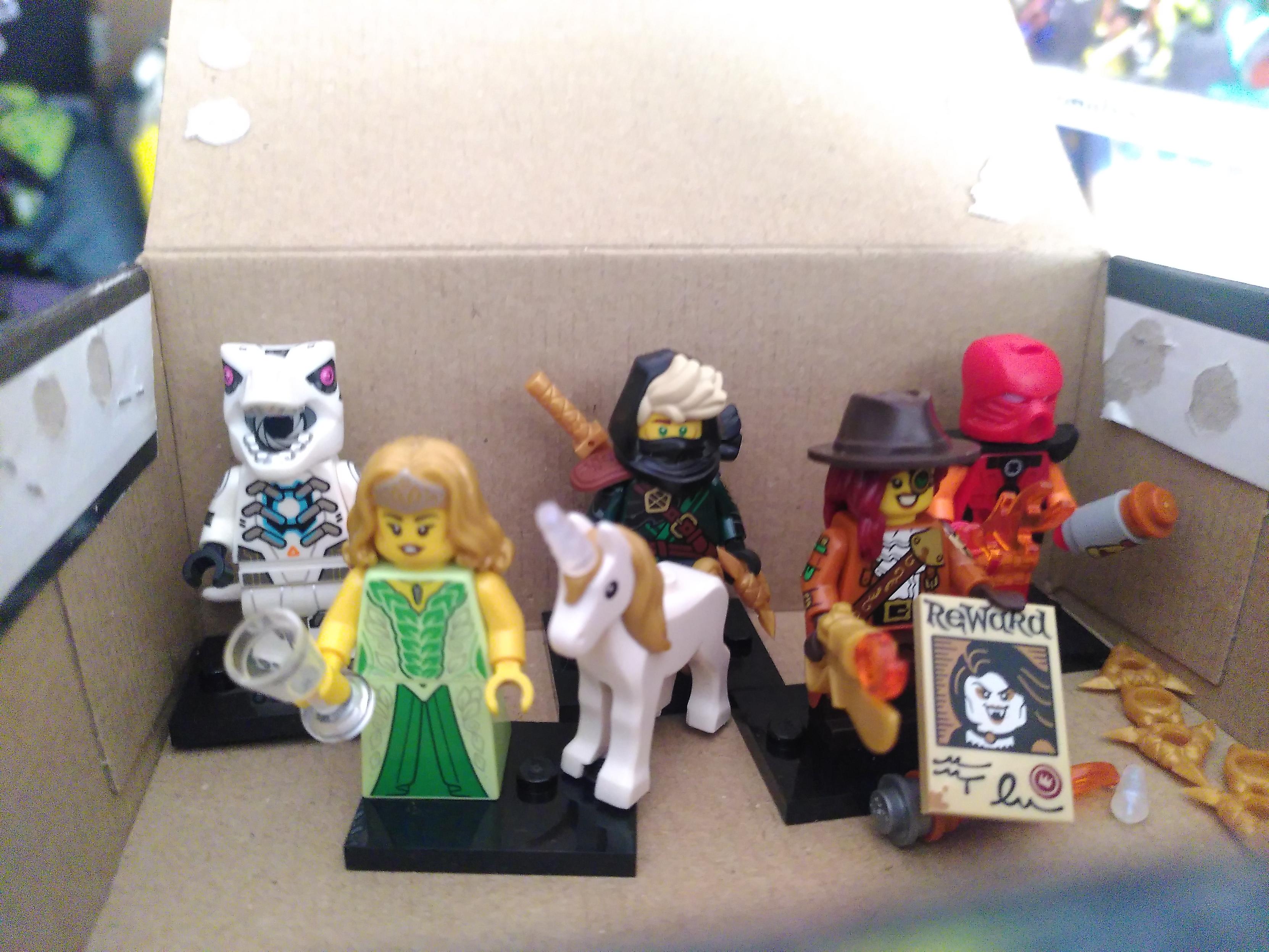 Photo of 5 lego minifigurine in a carsboard box. There are a robot t-rex mostly white with red eye ans a fake glowing blue core in the middle of the torso; a princess elf with a green dress, an empty glass and a white unicorn, both have gold hair; a mysterious ronin aka loydd from ninjago, he has a gold katana sheated on his back, a cowl leaving exposed some blind hair, green eyes, dark green outfit and a gold shuriken with 3 spike; a monster hunter lady stepping straight out of van helsing with a long coat, a gold gun or flamethrower with attached blade, a portrait of a vampire, possibly female, long brown hair and leather hat with long rim; a bionicle cosplay with red mask, bionicle box and flame sword
