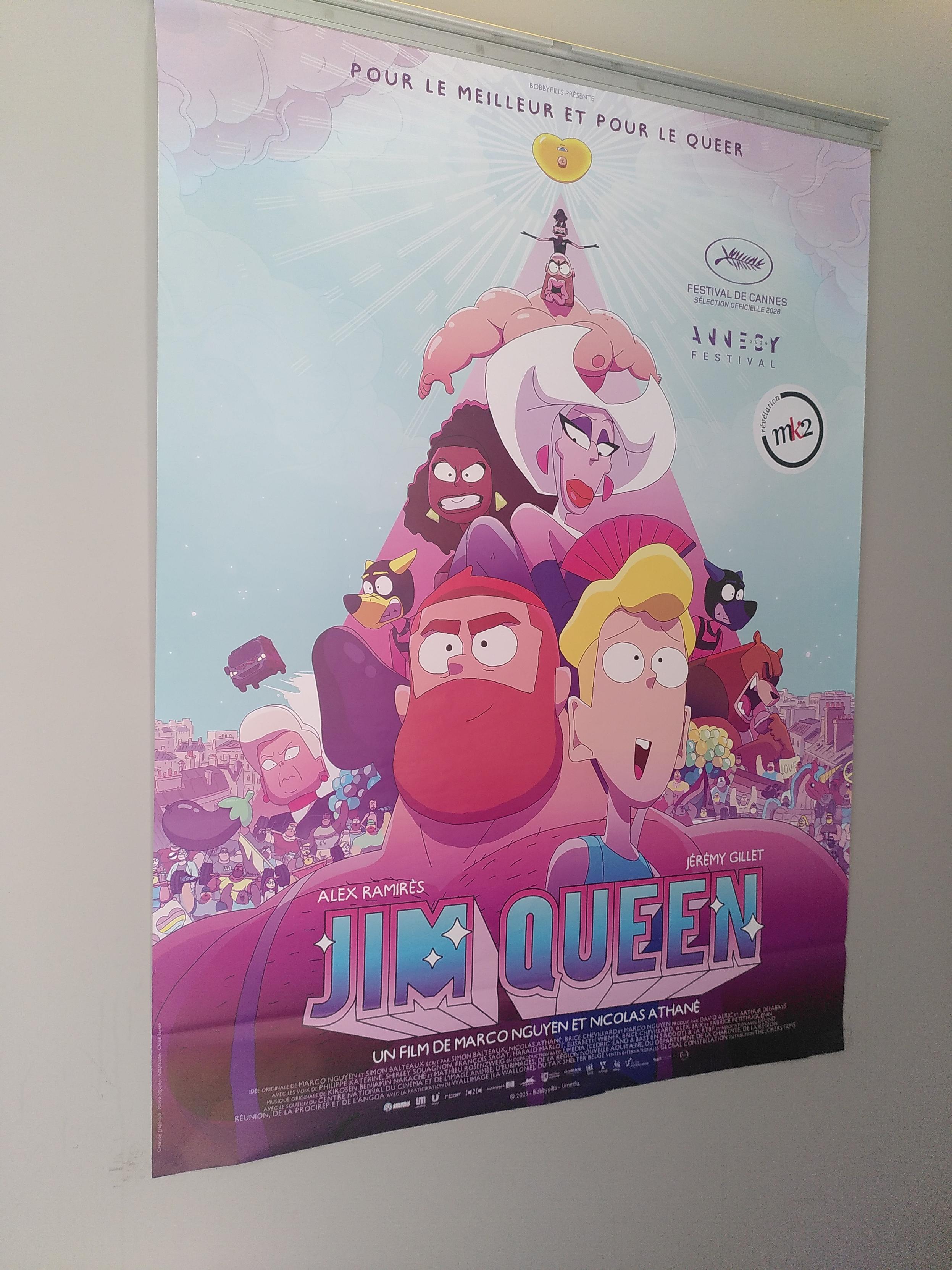Photo of the jim queen movie poster. It's an animation movie with a 2D style. The poster have a twink with blond hair, a guy red hair and a massive beard, a black woman, two person in pup hood, many more character Inwould have trouble describing. The tag line is 