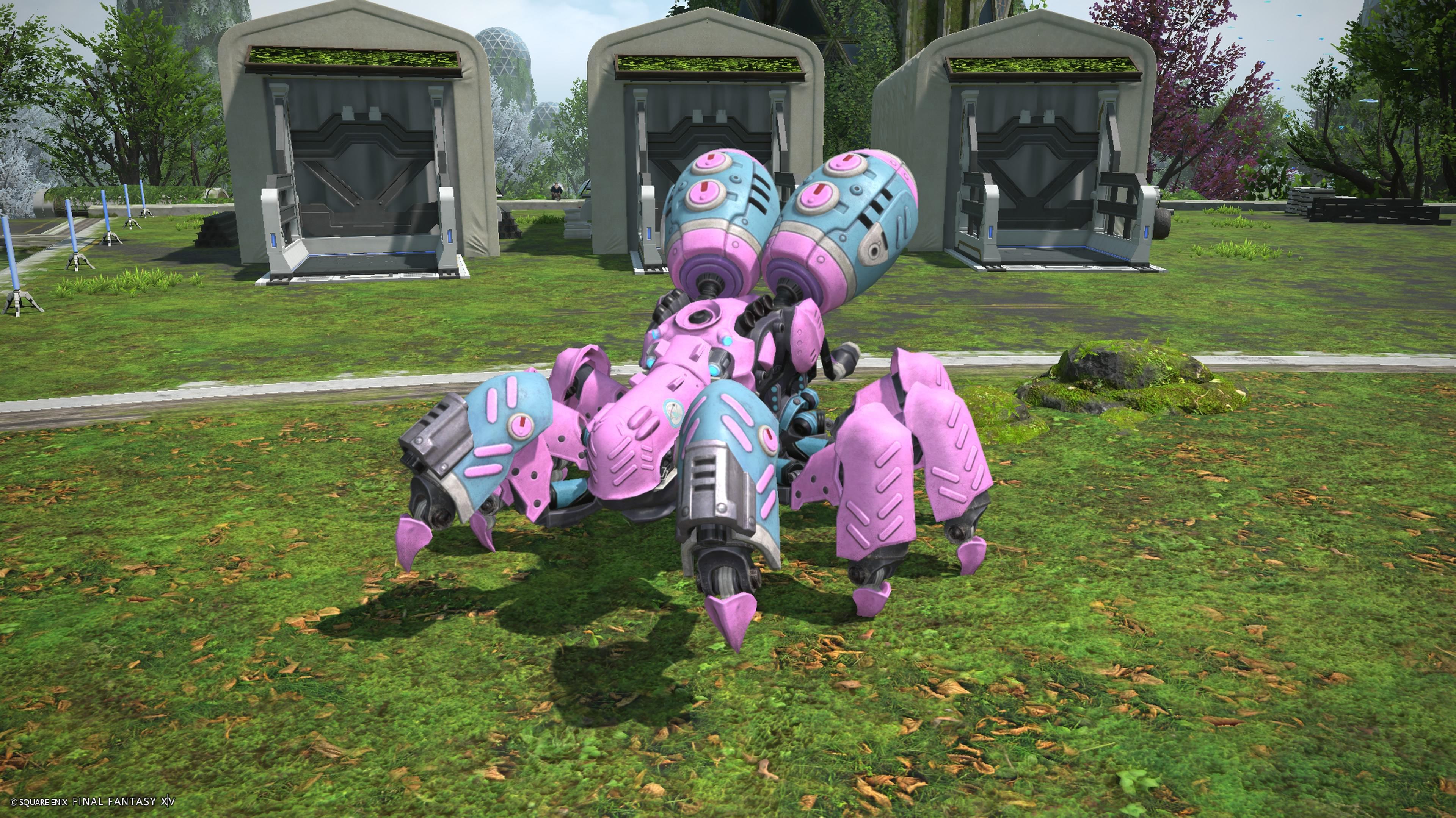Screencapture from final fantasy 14, featuring a repurposed magitek warmachina. It's a vehicule with 6 locomotive legs appendages, 2 