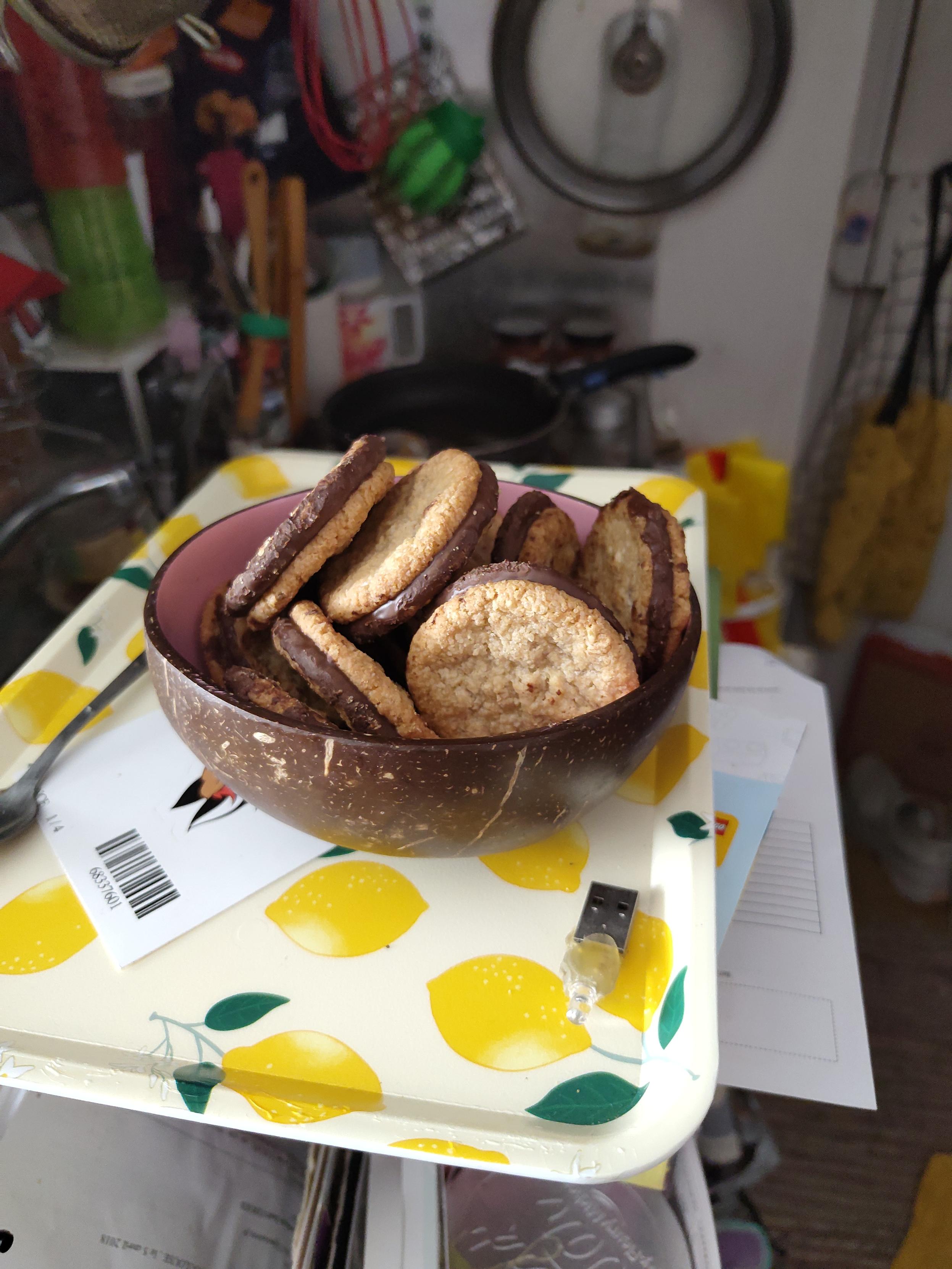 Photo of a bunch of kafferep from ikea, oats biscuits with chocolate. They are inside a coconut shell bowl on top of a plastic try with lemon illustrations. Under the bowl, part of a xenia the linux mascot sticker can be seen. In the background is my tiny parisian kitchen