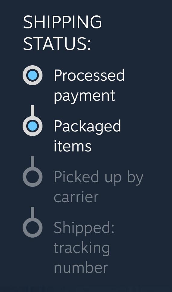 Screencapture of steam shipping status. It's a 4 item checklist. The first two, 